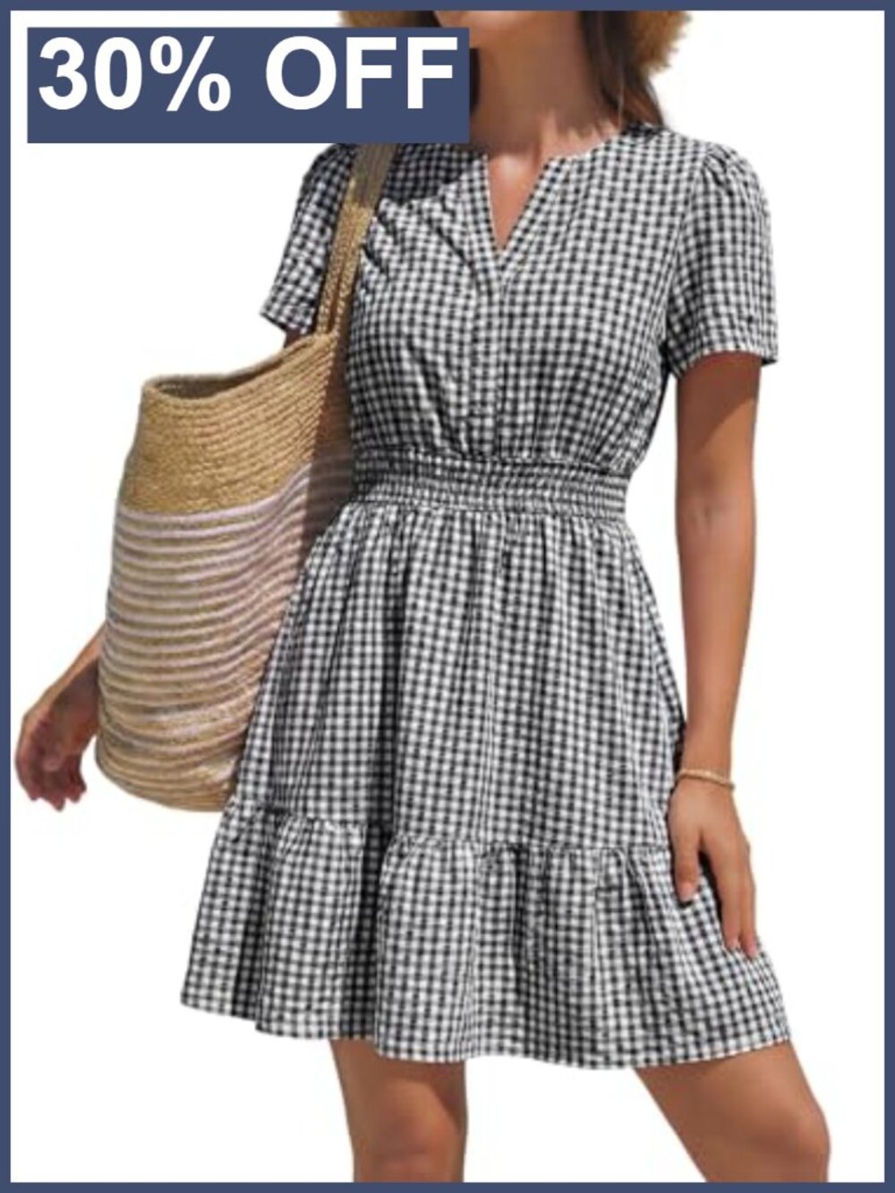 Women Summer Mini A-Line Gingham Dress V-Neck Short Sleeve Smocked Waist Casual
